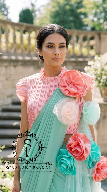 Peach Pleated Blouse With Mint Green Ready To Drape Saree - SA01727