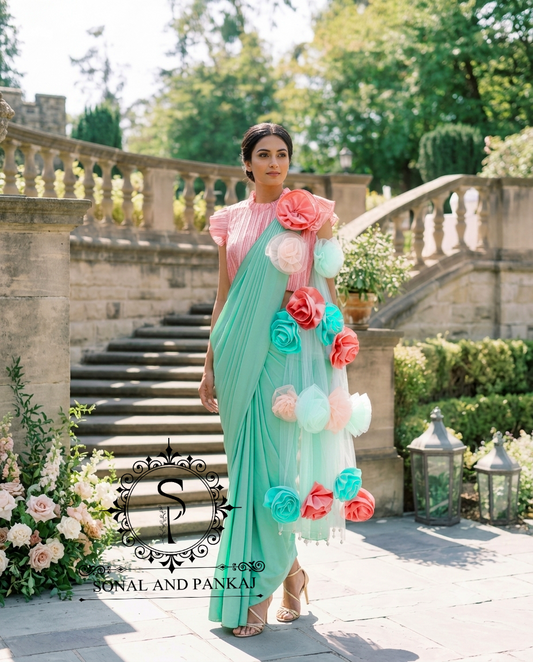 Peach Pleated Blouse With Mint Green Ready To Drape Saree - SA01727