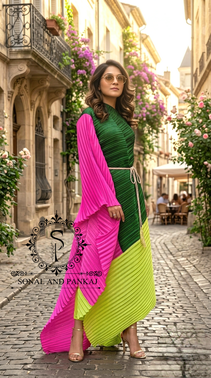 Bottle Green Color Block Crushed Resort Wear Kaftan - RW01729