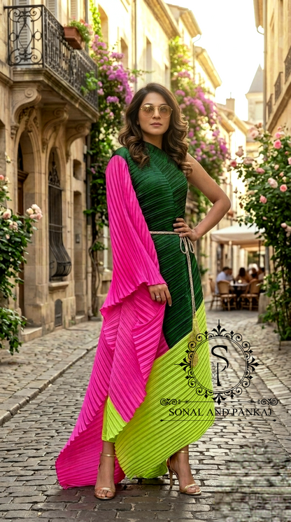 Bottle Green Color Block Crushed Resort Wear Kaftan - RW01729