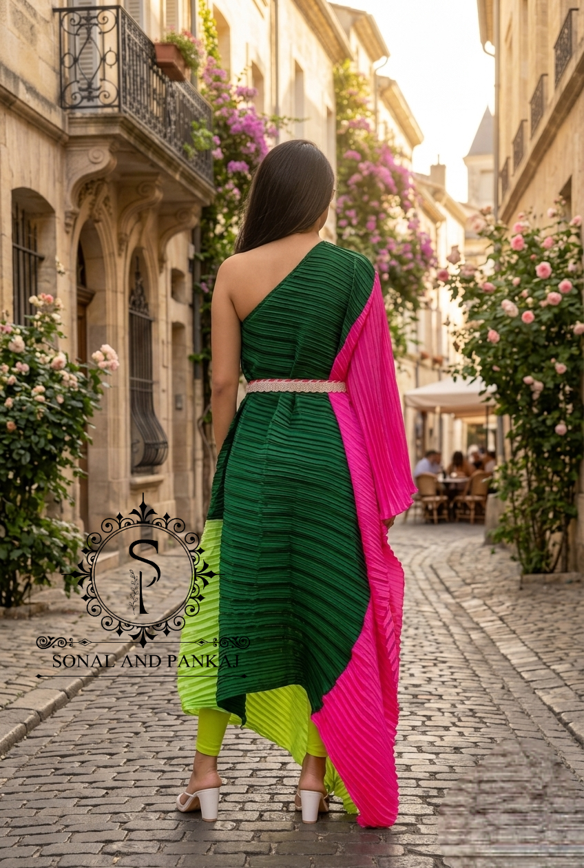 Bottle Green Color Block Crushed Resort Wear Kaftan - RW01729