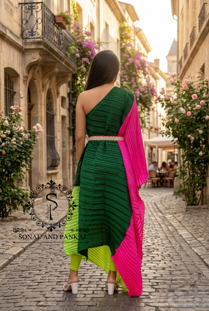Bottle Green Color Block Crushed Resort Wear Kaftan - RW01729