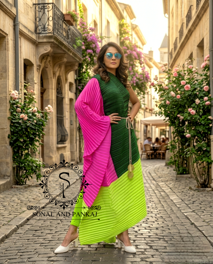 Bottle Green Color Block Crushed Resort Wear Kaftan - RW01729