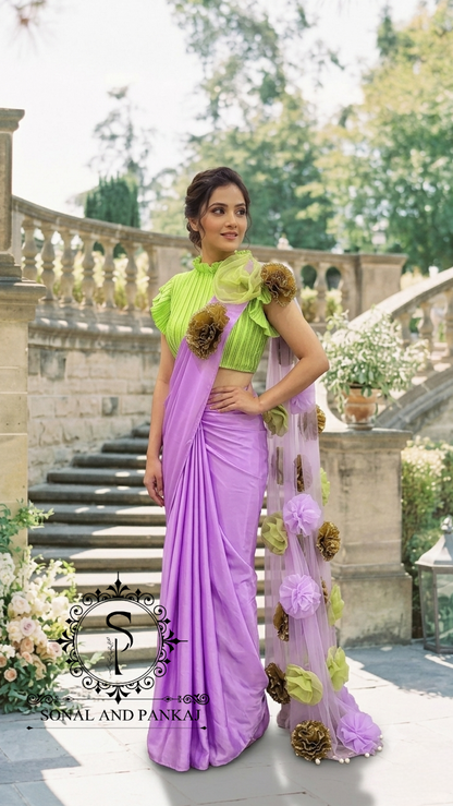 Parrot Green Pleated Blouse With Lavender Ready To Drape Saree - SA01730