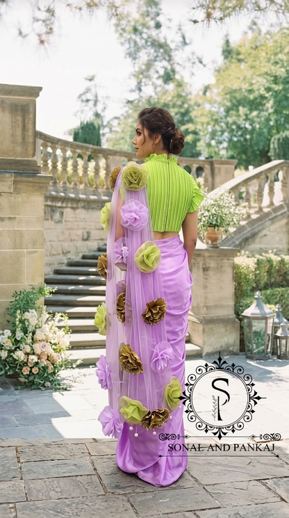 Parrot Green Pleated Blouse With Lavender Ready To Drape Saree - SA01730