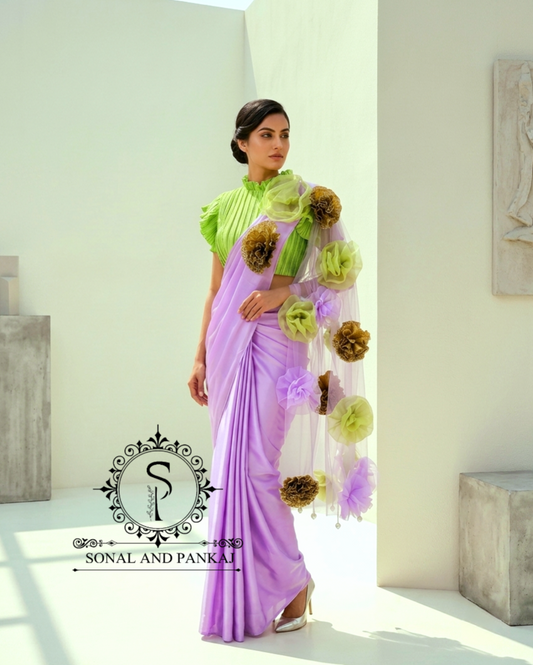 Parrot Green Pleated Blouse With Lavender Ready To Drape Saree - SA01730