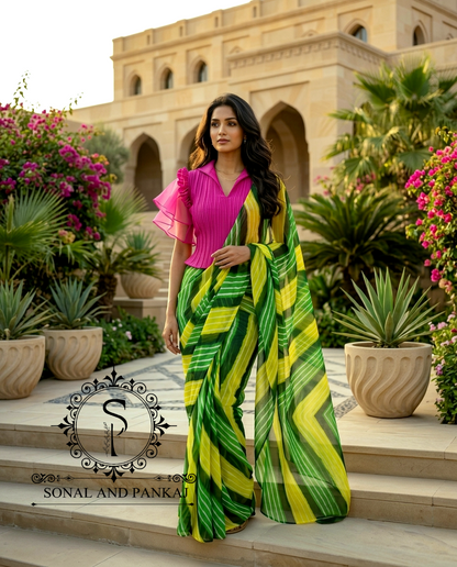 Pleated Rose Stretchable Top With Shaded Green Leheriya Print Saree - SA01732