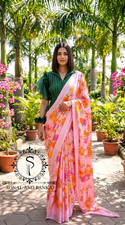 Pleated Petal Top & Peach Floral Print Saree - SA01664
