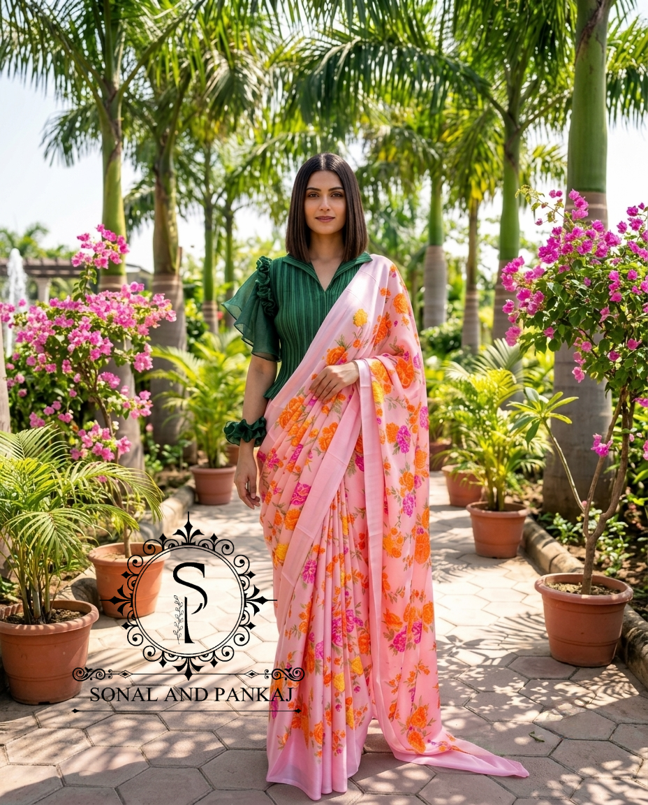 Pleated Petal Top & Peach Floral Print Saree - SA01664