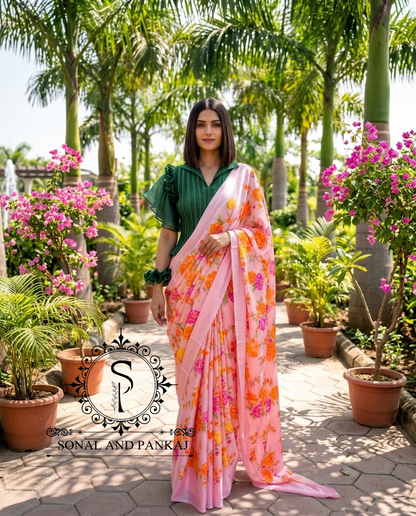 Pleated Petal Top & Peach Floral Print Saree - SA01664
