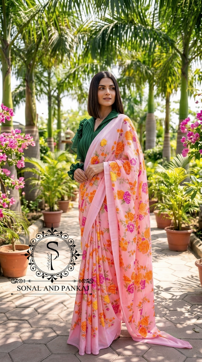 Pleated Petal Top & Peach Floral Print Saree - SA01664