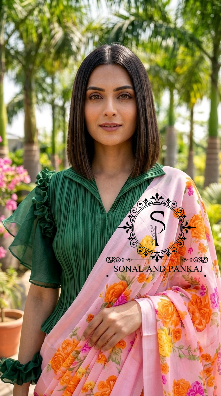 Pleated Petal Top & Peach Floral Print Saree - SA01664