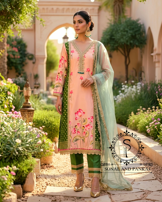 The Peach Pichwai Vrindavan Suit - SU01762