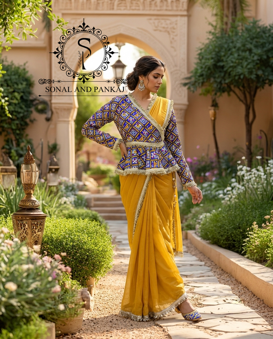 Indigo Haldi Patola Peplum Jacket Saree Set - SA01772