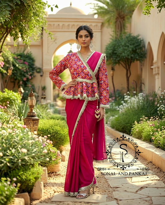 Magenta Patola Peplum Jacket Saree Set - SA01771