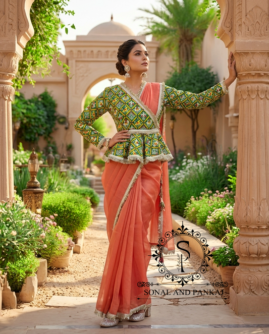 Parrot Orange Patola Peplum Jacket Saree Set - SA01773