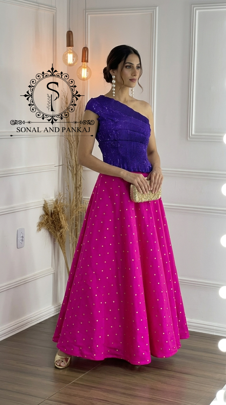 Desi Girl Vibe - Purple Stretchable Top With Zari Buti Skirt - SA01776