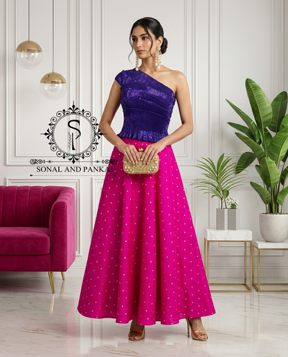 Desi Girl Vibe - Purple Stretchable Top With Zari Buti Skirt - SA01776