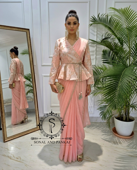 Peach & Gold Peplum Jacket Saree Set - SA01784