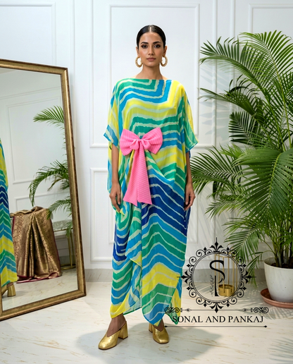 Rangrez - The Designer Blue Leheriya Kaftan On Sale - RW01792