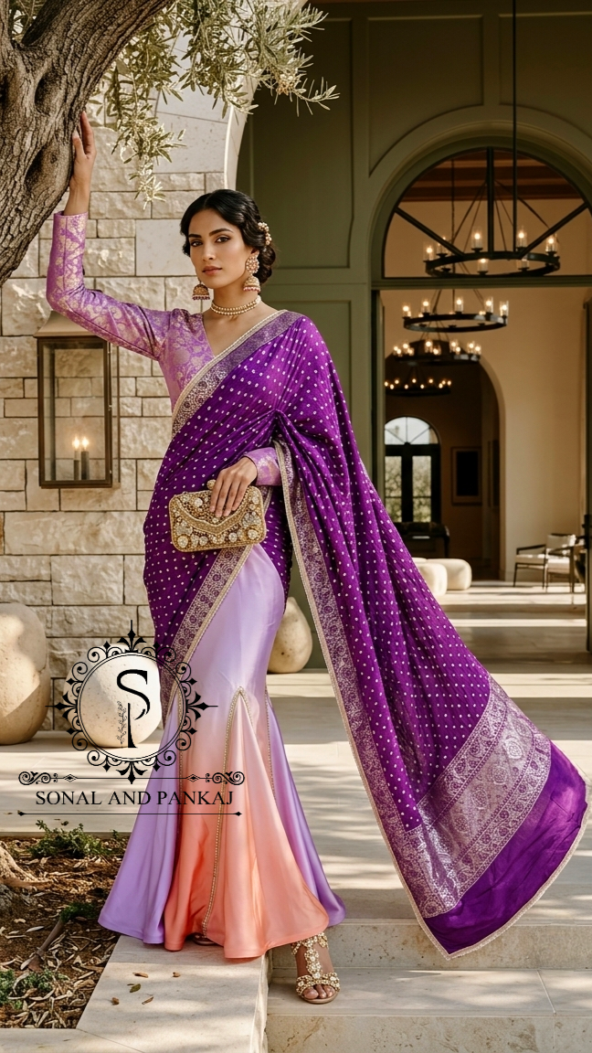 Peach & Plum Bandhani Ready-to-Drape Saree On Sale - SA01794