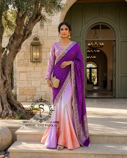 Peach & Plum Bandhani Ready-to-Drape Saree On Sale - SA01794
