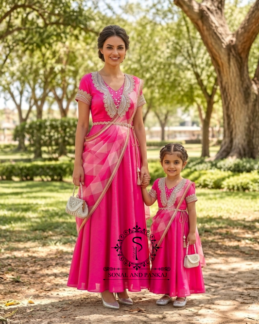 The Barbie Duo Mother-Daughter Gown Saree - 1809