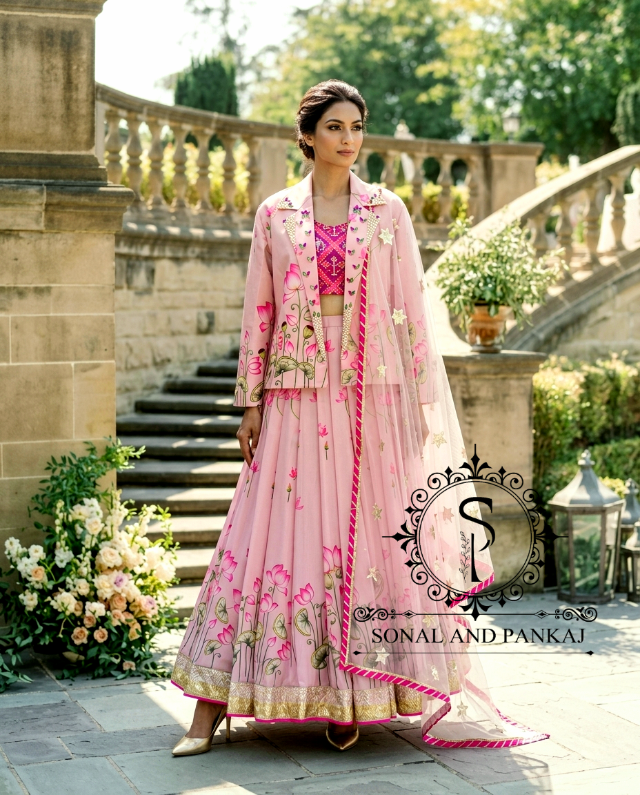 Blouse Bandhej faite à la main avec organza Duppatta et Chandri Jaal Lehenga - LH01202