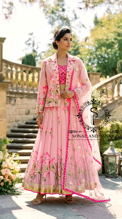 Blouse Bandhej faite à la main avec organza Duppatta et Chandri Jaal Lehenga - LH01202
