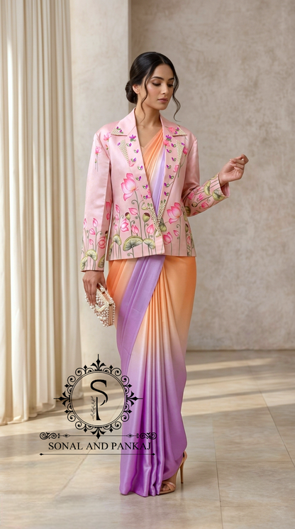 Signature Peach Pichwai Jacket With Ombre Saree - SA01812