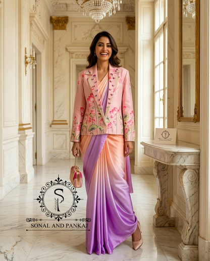 Signature Peach Pichwai Jacket With Ombre Saree - SA01812