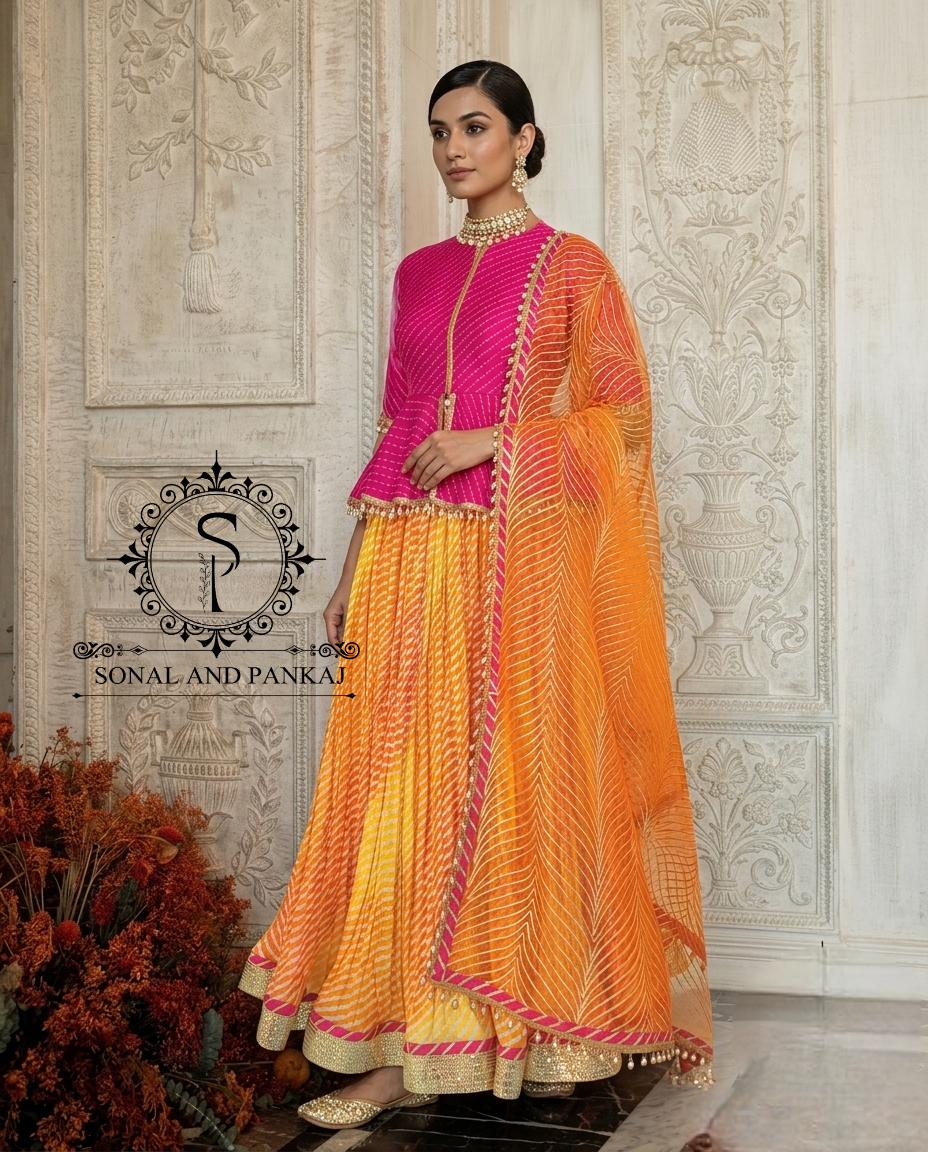 Blouse Bandhej faite à la main avec organza Duppatta et Chandri Jaal Lehenga - LH01202