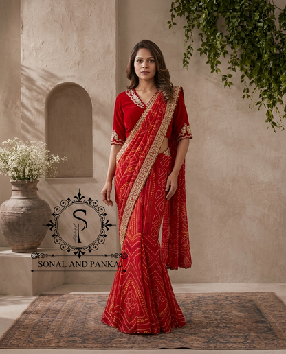 Ready To Wear Red Bandhani Print Saree With Hand Embroidered Blouse - SA01458