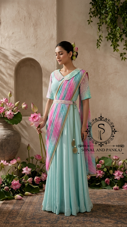Aqua & Lotus Pink Hand Embroidered Ready To Wear Gown Saree - SA01816