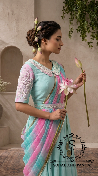 Aqua & Lotus Pink Hand Embroidered Ready To Wear Gown Saree - SA01816