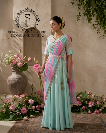 Aqua & Lotus Pink Hand Embroidered Ready To Wear Gown Saree - SA01816