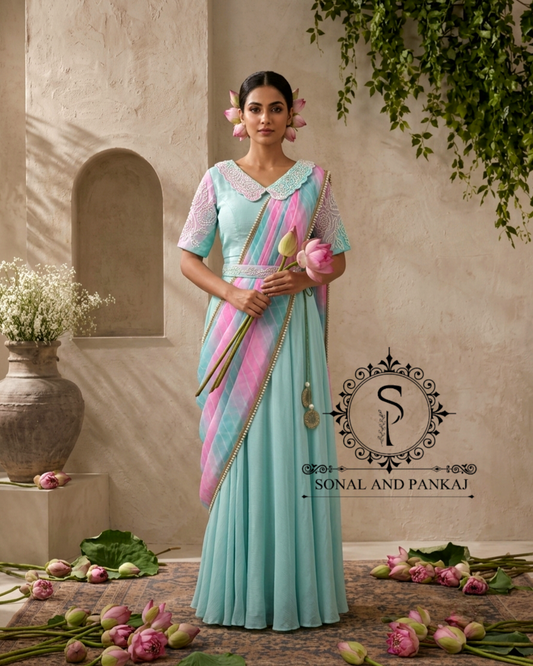 Aqua & Lotus Pink Hand Embroidered Ready To Wear Gown Saree - SA01816