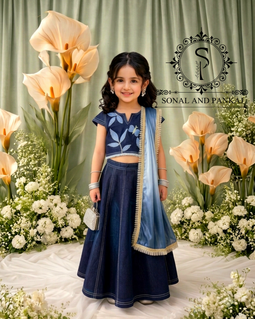 Blue Oasis Demin Patchwork Mother-Daughter Lehenga - MD01824