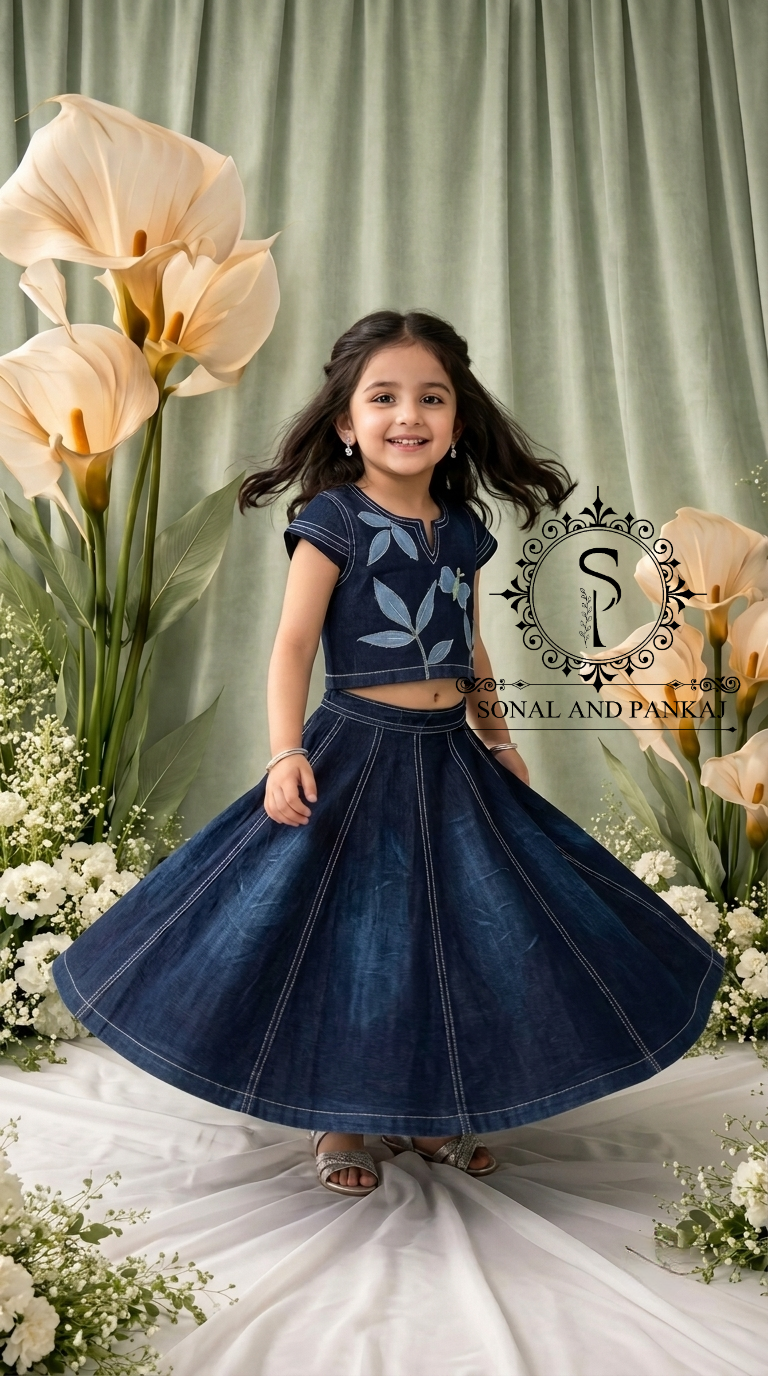 Blue Oasis Demin Patchwork Mother-Daughter Lehenga - MD01824