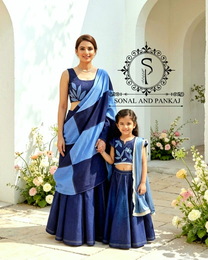 Blue Oasis Demin Patchwork Mother-Daughter Lehenga - MD01824