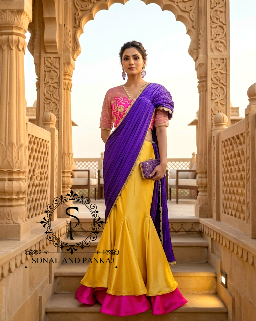 Chemisier à paillettes dorées avec vin prêt à draper Saree- SA00886