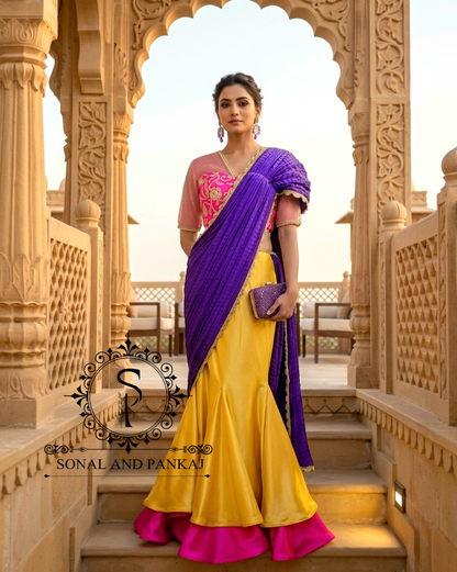 Chemisier à paillettes dorées avec vin prêt à draper Saree- SA00886