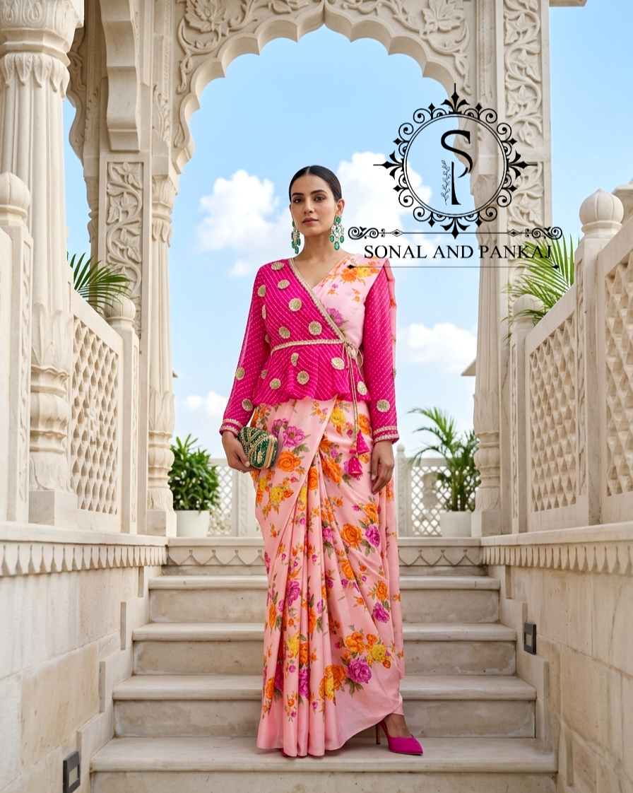 Fuchsia & Floral Peach Peplum Blouse & Saree - SA01830