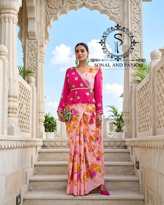Fuchsia & Floral Peach Peplum Blouse & Saree - SA01830
