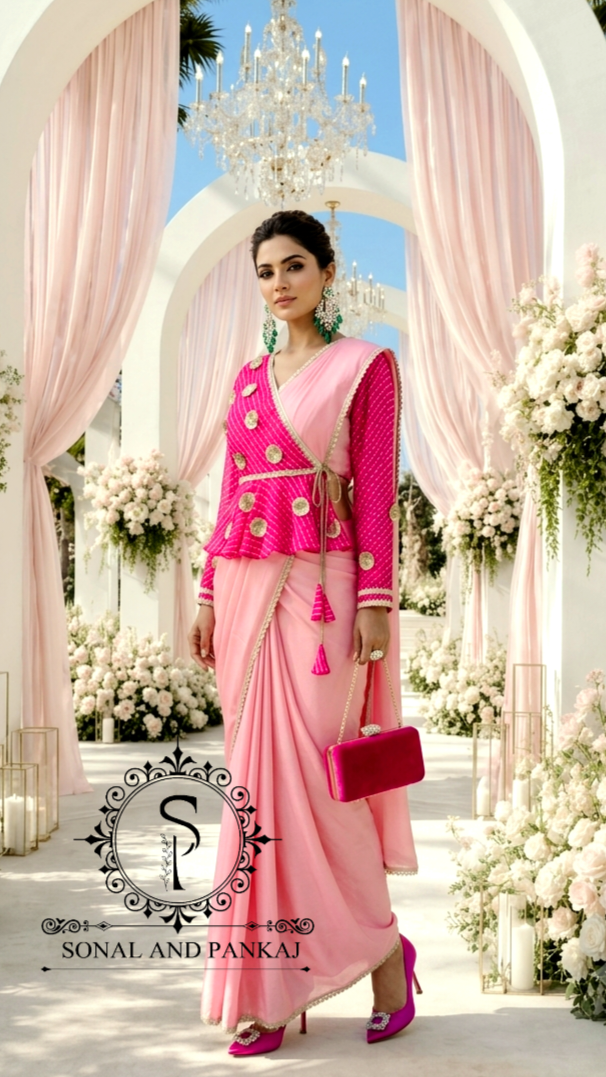 Fuchsia & Blush Mothra Peplum Blouse & Saree - SA01829