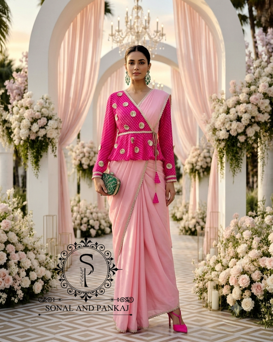 Fuchsia & Blush Mothra Peplum Blouse & Saree - SA01829