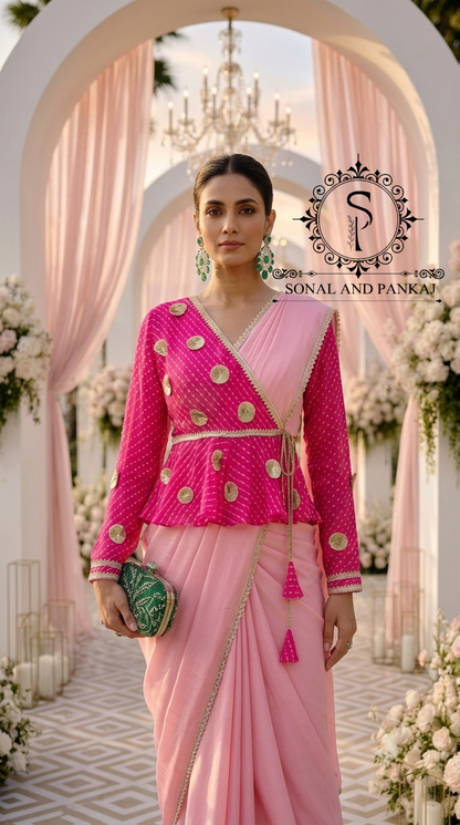 Fuchsia & Blush Mothra Peplum Blouse & Saree - SA01829