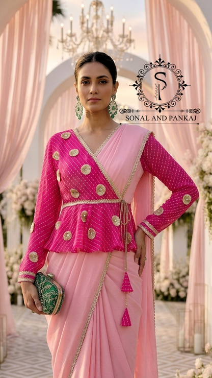 Fuchsia & Blush Mothra Peplum Blouse & Saree - SA01829
