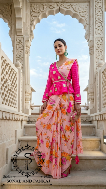 Fuchsia & Floral Peach Peplum Blouse & Saree - SA01830