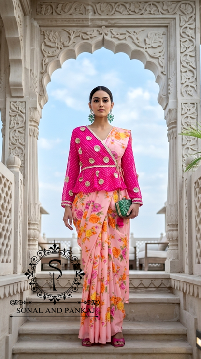 Fuchsia & Floral Peach Peplum Blouse & Saree - SA01830